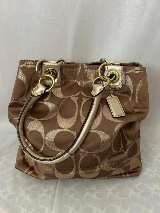 Coach Hampton Brown/Gold Signature Double Handles Travel Tote Bag Purse 🌺🌺 - Picture 2 of 14